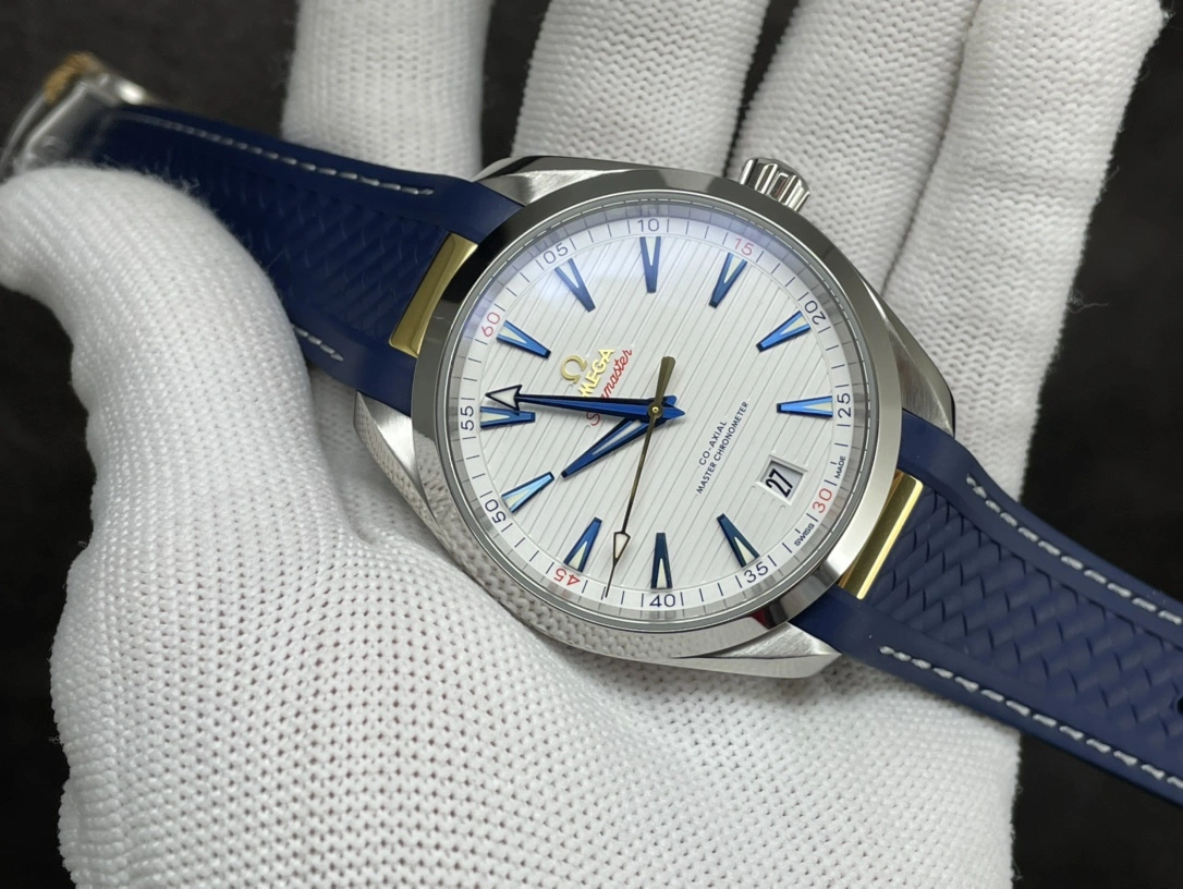 WeatherProof CBD Factory Omega Seamaster Aqua Terra 150M 41mm Silvery-White Teak Dial with Blued Markers, Red Accents, and 18K Yellow Gold Plated Seconds Hand Blue Rubber Strap(220.12.41.21.02.004) 1:1 Super Clone – Dandong 8900 Movement 269